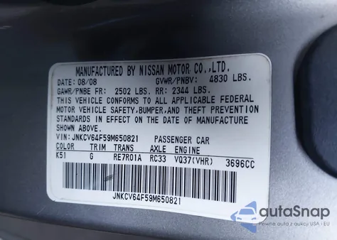 2009 Infiniti G37X z USA, uszkodzony, nr VIN JNKCV64F59M650821